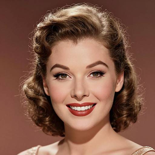Photograph of a smiling 1940s-style woman with wavy brown hair, red lipstick, and elegant makeup, set against a warm brown background