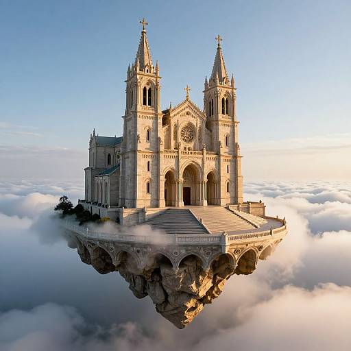 Photorealistic CGI of a Gothic-style cathedral floating on a rocky island amid fluffy clouds under a clear blue sky.