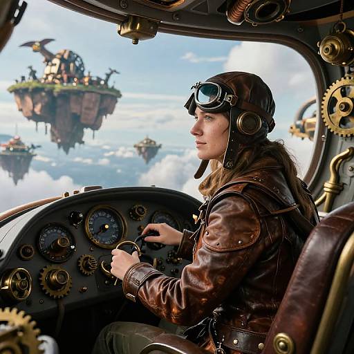 Steampunk pilot woman in leather gear and goggles flying airship, cockpit filled with gears, floating islands in cloudy sky background. Digital art.
