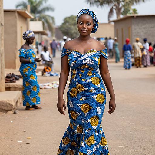 Photograph of an African woman in a blue, yellow, and white patterned off-shoulder dress and matching headscarf, standing confidently on