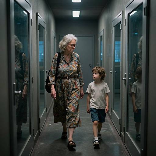Photograph of an elderly woman with white hair in a floral dress and a young boy in a white t-shirt and shorts walking in a dimly lit