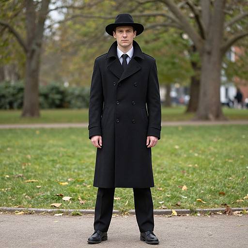 Photograph of a young man in a black overcoat, black hat, white shirt, black tie, and black pants standing in a park with green