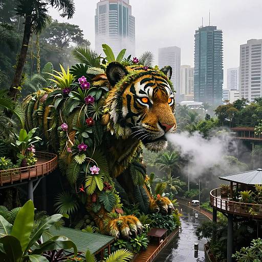 Jungle Tiger Visage Over Urban Rainforest
