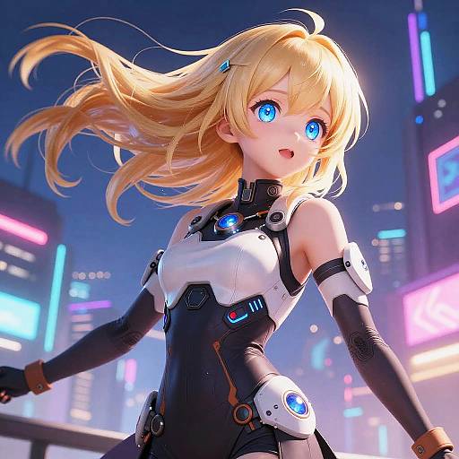 Digital anime-style artwork of a blonde girl with glowing blue eyes, wearing a futuristic black and white armored suit, in a neon-lit cityscape at