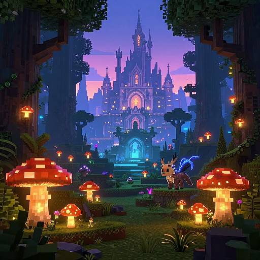 Pixel art of a magical castle at twilight, surrounded by glowing red mushrooms, a blue glowing fox, and vibrant, glowing lanterns.