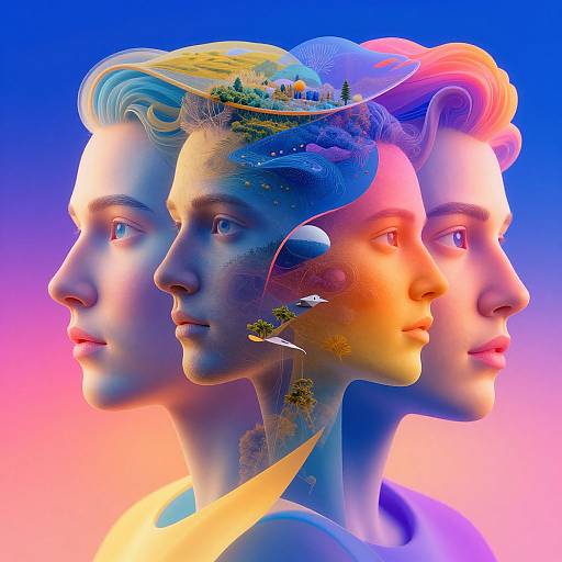 Digital artwork of three ethereal, neon-colored women in profile, each with vivid, surreal landscapes inside their heads, against a gradient blue-to-pink
