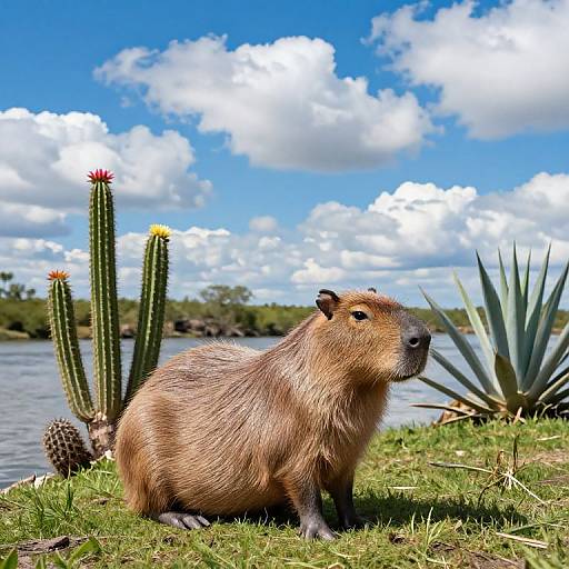 Photograph of a beaver with brown fur standing on grass near a river, with cacti, yucca, and a blue sky with