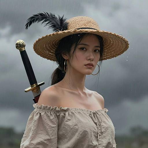 Elegant Warrior Woman in Rainy Setting