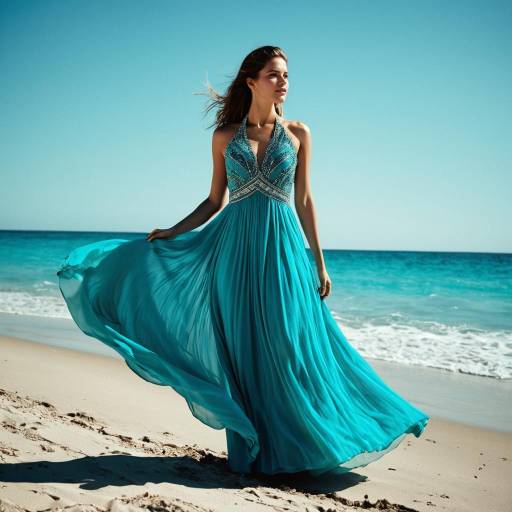 Woman in Flowing Blue Dress on Beach