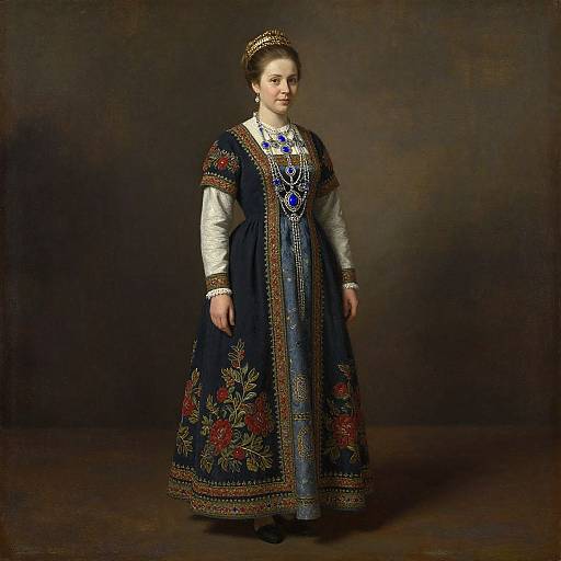 Photograph of a fair-skinned woman in 18th-century Eastern European dress, adorned with intricate embroidery, blue floral patterns, and white sleeves,