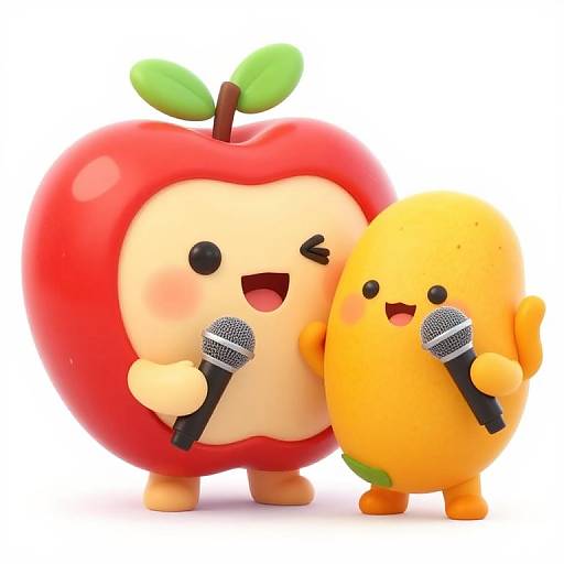 Cute digital illustration of a cheerful red apple and yellow lemon singing together, each holding a black microphone.