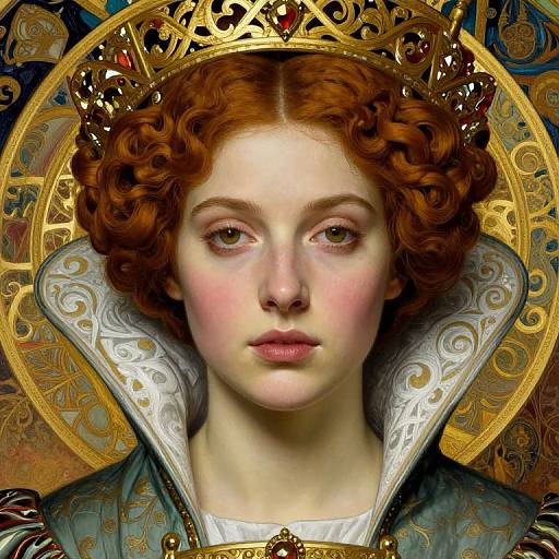 Digital artwork of a fair-skinned, red-haired woman with curly hair, wearing an ornate gold crown and high-collared, elaborately pattern