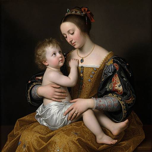 Renaissance-style painting of a fair-skinned woman in ornate dark blue dress with gold patterns, holding a chubby, fair-skinned baby in