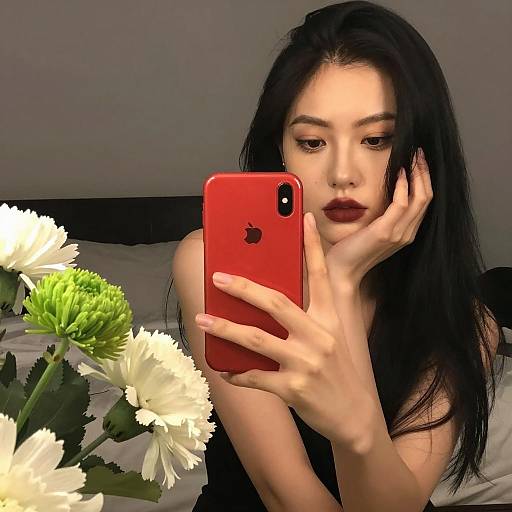 Woman Taking Mirror Selfie with Red iPhone