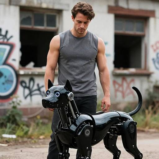 Muscular Man with Robotic Dog in Urban Decay