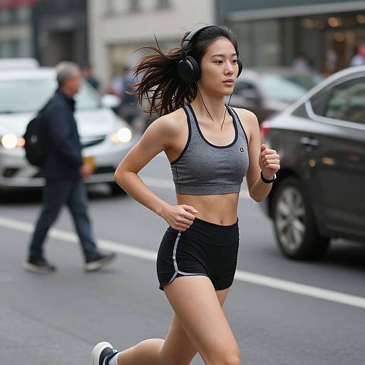 Photograph of an Asian woman jogging on a city street in black shorts, gray sports bra, and headphones, with blurred pedestrians and cars in the background