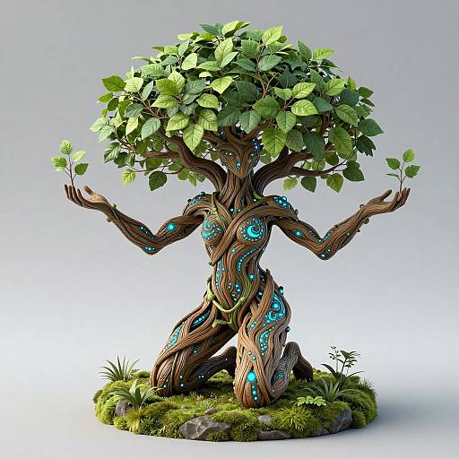 Digital artwork of a tree-like humanoid with twisted, brown, blue-accented branches, holding green leaves, kneeling on mossy ground.