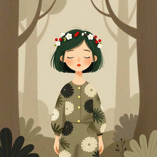 Digital illustration of a serene young girl with closed eyes, green bob haircut, flower crown, and floral dress, standing in a foggy forest.