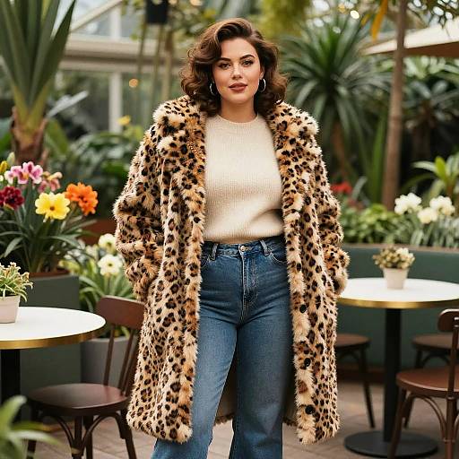 Photograph of a smiling brunette woman with curled hair, wearing a leopard print coat, white sweater, and blue jeans, standing in a vibrant outdoor café