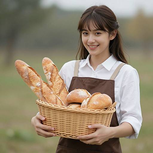 Young Asian woman with long brown hair, smiling, wearing white shirt and brown apron, holding wicker basket with baguettes and round bread.