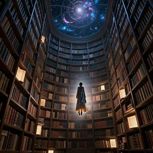 A silhouette in a long coat stands in a vast, illuminated library with starry ceiling, surrounded by towering bookshelves. Digital art.