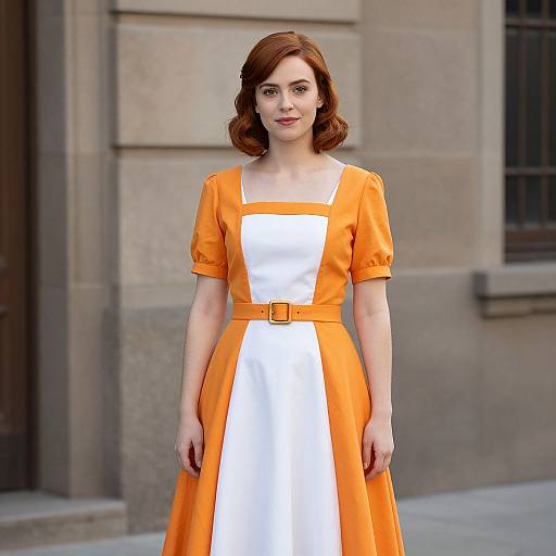 Photograph of a fair-skinned woman with red hair in a vintage-style orange and white dress, standing in front of a stone building.