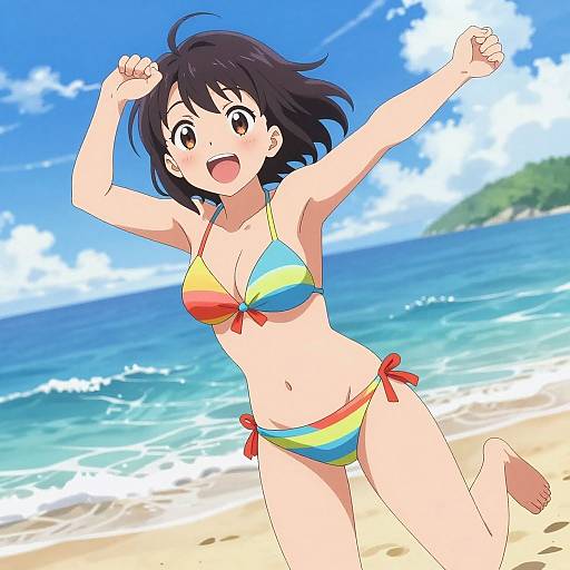 Anime-style digital drawing of a cheerful young woman with short black hair, wearing a colorful rainbow-striped bikini, running joyfully on a sunny beach with blue