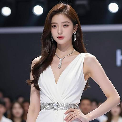 Elegant Young Woman in White Dress on Stage