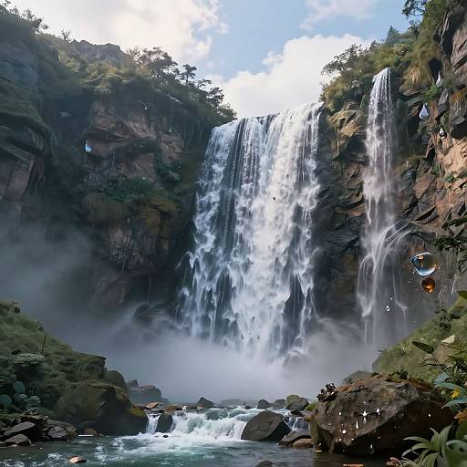 Photograph of a majestic waterfall cascading down a rocky cliff, surrounded by lush greenery, mist, and rocks in the foreground.