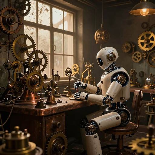 Photograph of a white robotic figure with black joints, sitting at a wooden desk in a dimly lit, steampunk-inspired workshop, surrounded by