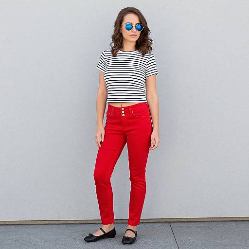 Photograph of a woman with wavy brown hair, blue reflective sunglasses, black-and-white striped shirt, red high-waisted jeans, and black