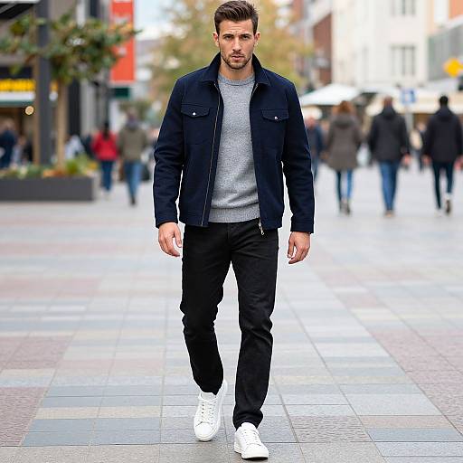 Photograph of a handsome, bearded man with short brown hair, wearing a black jacket, gray sweater, black pants, and white sneakers, walking