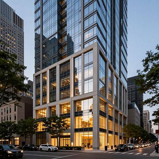 Photograph of a modern skyscraper with large glass windows and illuminated interior, surrounded by urban buildings and parked cars at dusk.