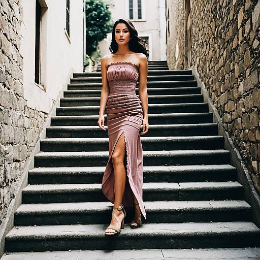 Elegant Woman in Strapless Maxi Dress on Stone Stairs