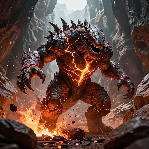 Digital artwork of a massive, fiery, black-scaled dragon with glowing red cracks, standing in a rocky, fiery cave, roaring.
