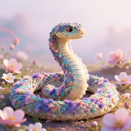 Digital artwork of a vibrant, multicolored snake with scales resembling flowers, coiled in a field of blooming pink and white flowers, bathed