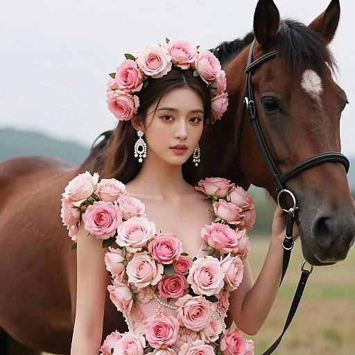 Woman Wearing Pink Rose Dress Standing with Horse