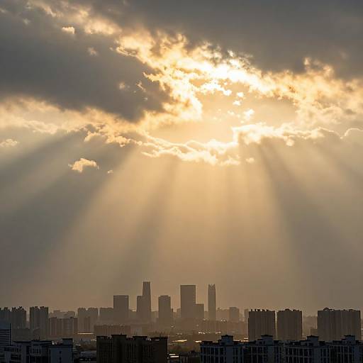 Photograph of a city skyline at sunset, with sun rays piercing through dramatic clouds, casting a golden glow over tall buildings.