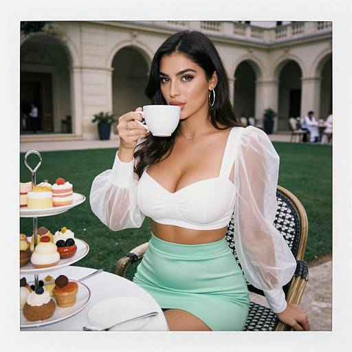 Photograph of a dark-haired woman with olive skin, wearing a white crop top and mint green skirt, sipping tea outdoors, with a tiered