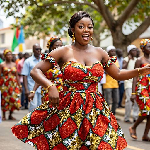 Photograph of a smiling Black woman in a vibrant, red and yellow, patterned off-shoulder dress, dancing in a colorful outdoor parade with