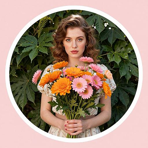 Photograph of a fair-skinned, brown-haired woman with vintage curls, wearing a white lace dress, holding a vibrant bouquet of orange and pink ger