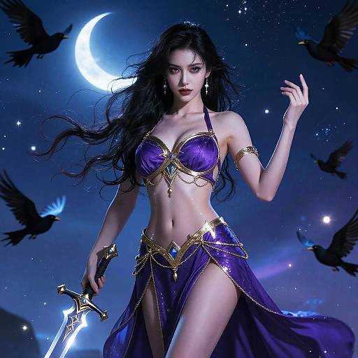 Digital art of a fierce, dark-haired woman in a purple, gold-accented bikini and skirt, holding a glowing sword under a moonlit night