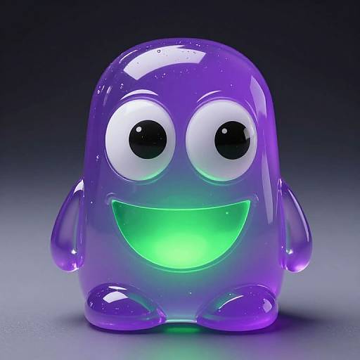 Glossy, purple, cartoon monster with large white eyes, green glowing mouth, and rounded limbs, set against a dark gradient background. Digital CGI