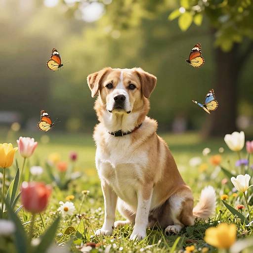 Photograph of a cute, tan and white dog sitting on a sunlit grassy field with colorful tulips, surrounded by four floating butterflies.