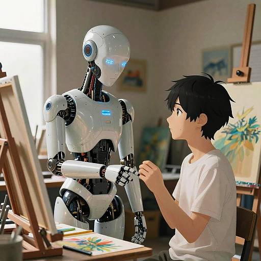 Digital painting of a young boy with black hair, white shirt, and a humanoid robot in an art studio, painting together.
