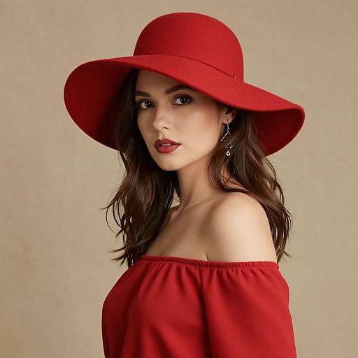 Photograph of a young woman with fair skin, dark wavy hair, red off-shoulder top, and wide-brimmed red hat,