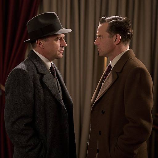 Photograph of two men in 1940s-style suits and fedoras, standing in a dimly lit room with brown curtains, facing each other
