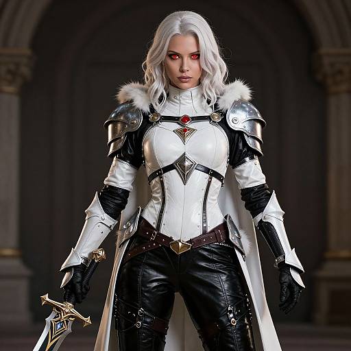 CGI fantasy warrior woman with white hair, red eyes, white and black armor, fur trim, holding sword, standing in dimly lit archway