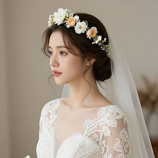 Photograph of an Asian bride with fair skin, dark brown hair in a loose updo, wearing a white lace wedding dress and floral crown, with