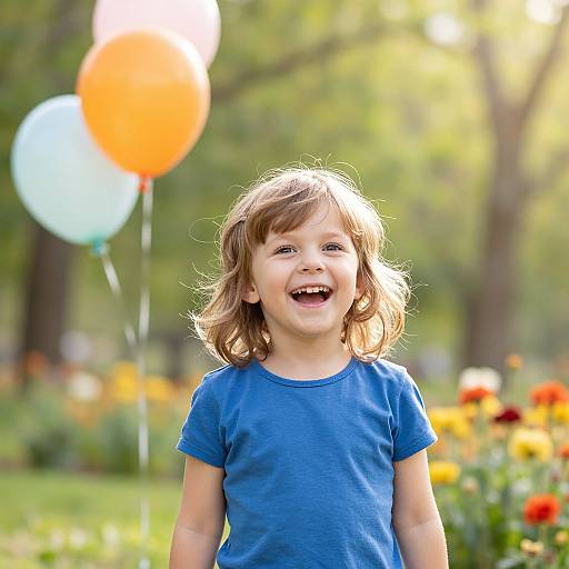 Photograph of a smiling young girl with light brown, wavy hair, wearing a blue shirt, standing in a sunny park with orange and blue balloons